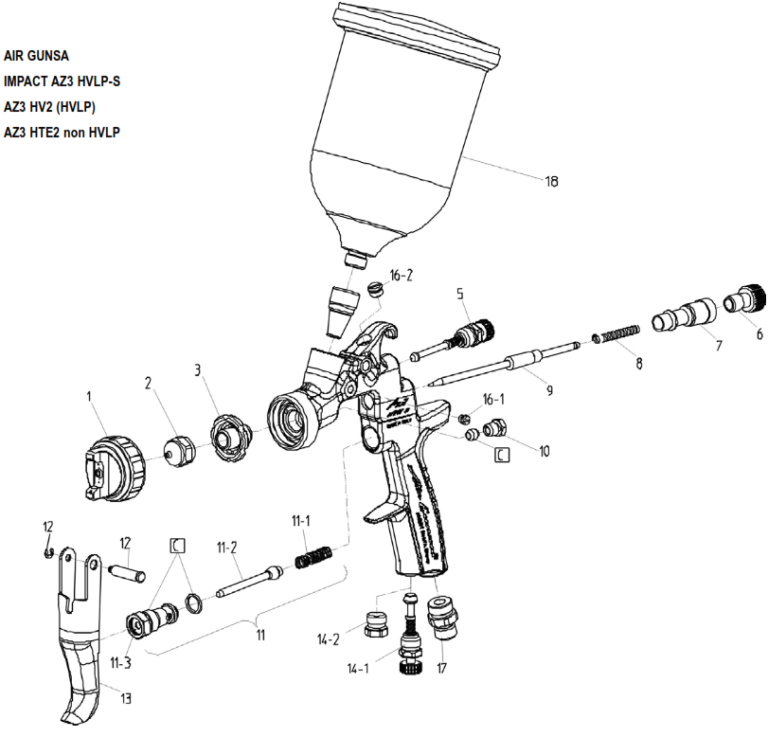 Anest Iwata AZ3-HVLP-S Air Gunsa IMPACT Gravity-Fed HVLP Spray Gun ...